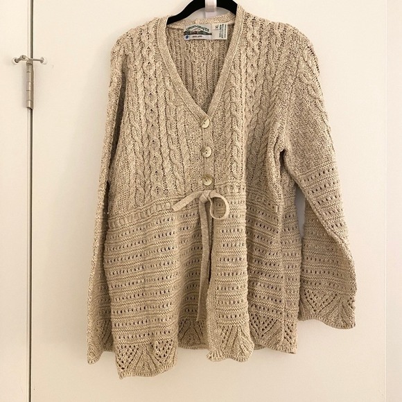 Aran Crafts Ireland Beige Tan Linen Cotton Cable Knit Cabin Cardigan Sweater XL - Picture 6 of 6